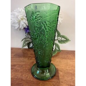 Vintage Emerald Green Grapevine and Leaf Pressed Glass Vase Pedestal‎ Base MCM